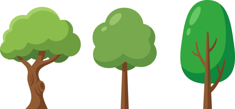 Set of three stylized cartoon trees isolated on white background
