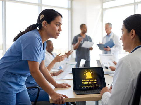Deaf female nurse with cochlear implant collaborating with diverse younger and older medical professionals during hospital meeting