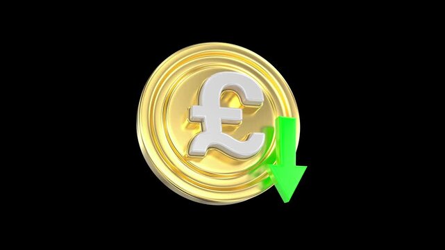 3D gold pound coin falling arrow