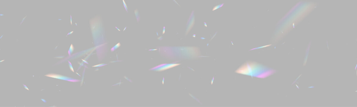 Soft iridescent reflections illuminate transparent space with vivid rainbow prism effects. Crystal glare, holographic shimmer and lens flares elegant light overlays. Vector radiant optical details png