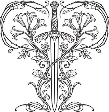 Art Nouveau Sword and Botanical Lily Illustration with Whiplash Floral Ornamental Elements for Coloring
