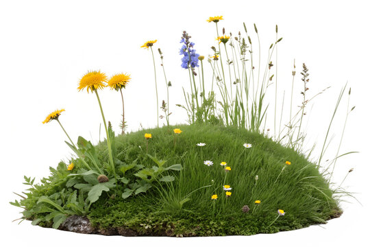 Lush Green Grass Mound, Wildflower Covered Hillock, Natural Meadow Grass Clump, Spring Wildflower Grass Hill, Vibrant Green Floral Knoll