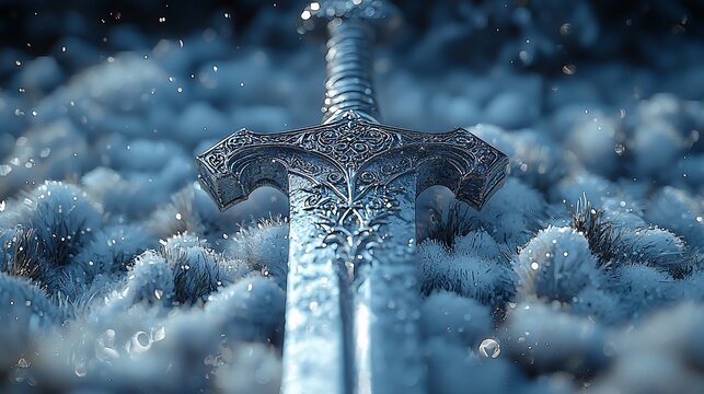 Ornate sword in snowy landscape; fantasy game art