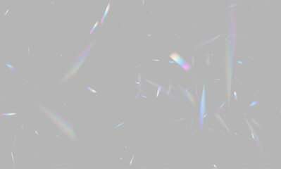 Obraz premium Glowing holographic rainbow rays flow crystal glass with realistic refraction effects. Transparent lens flare, colorful reflections. Soft light leaks add sparkling brilliance. Vector illustration png.