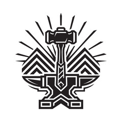 Fototapeta premium Art Deco Blacksmith Emblem: Vintage Geometric Hammer and Anvil with Luxury Ornamental Rays