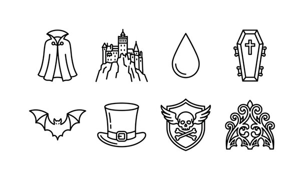 Gothic Vampire Symbols, line icon set featuring vampire cape, Transylvania castle, blood drop, coffin, bat, antique hat, horror badge and gothic ornament, covering Dracula, vampire folklore,