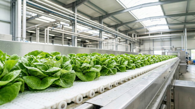 Fresh lettuce heads moving along conveyor belt in food processing facility, vegetable production concept