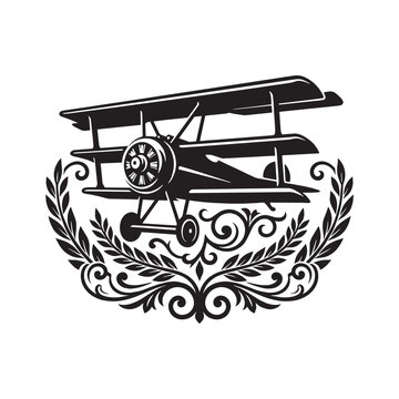 Vintage Triplane Illustration with Victorian Filigree Ornamental Scrollwork and Laurel Wreath Flourish on White Background
