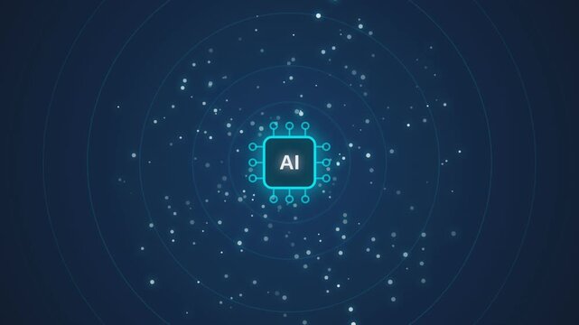 Abstract AI chip with glowing particles and circular motion on dark blue background.