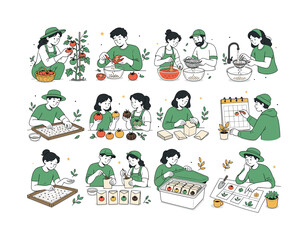 Fototapeta premium Garden Seed Saving. Heirloom gardening, harvest preservation, autumn preparation and homestead sustainability. 12 minimalist editorial vector scenes: a gardener selects a ripe tomato, a person removes