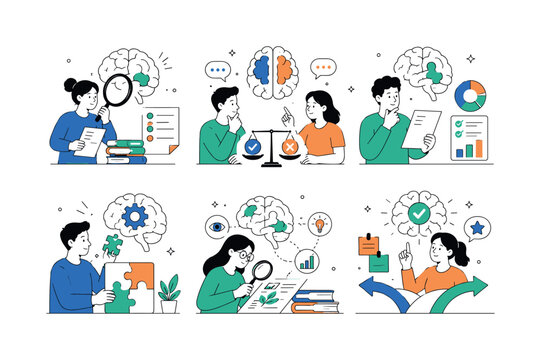 Critical Thinking Skills, clean editorial illustration set, create exactly 6 separate small editorial illustrations arranged in a 3x2 grid: analyzing evidence, comparing arguments, evaluating