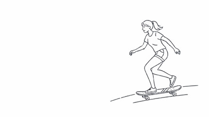 Fototapeta premium Line drawing of a young woman skateboarding downhill on a sunny day, enjoying an outdoor activity