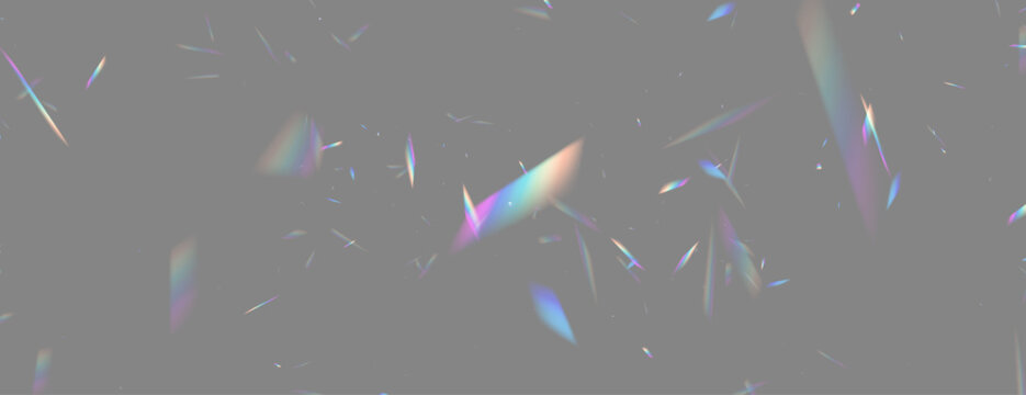 Realistic prism reflections vibrant rainbow light on transparent background with crystal clarity. Holographic glow, lens glare and luminous flare overlays magical atmosphere. Vector illustration png.