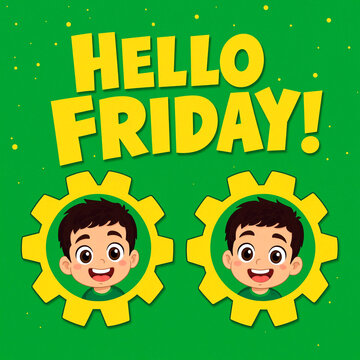 Happy cartoon boys inside yellow gears with hello friday text on green background for weekend celebration