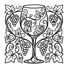 Obraz premium Art Nouveau Style Botanical Illustration of a Wine Glass Entwined with Ornamental Grapevine Leaves and Floral Whiplash Curves