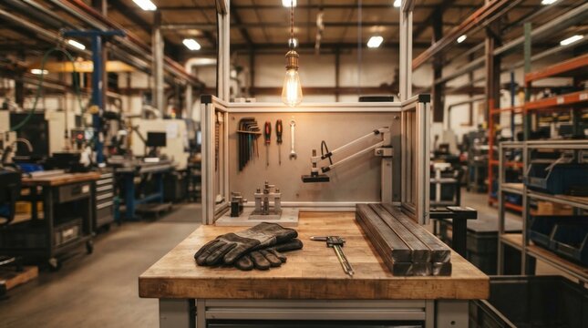 Empty factory assembly station with gloves, calipers, steel bars, and a light bulb concept for reshoring, manufacturing jobs, and production innovation.