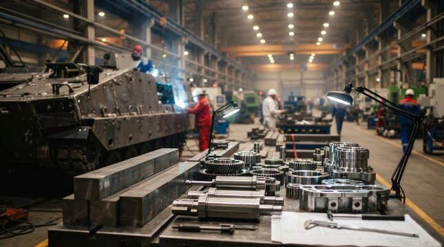 Defense industry investment concept with steel billets, precision machined parts, and a half assembled armored hull in a clean factory hall.