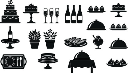 Catering and Wedding Party Banquet Silhouette Icon Set with Tiered Cakes Champagne Bottles Food Domes and Table Settings for Event Planning Designs © Kirtan