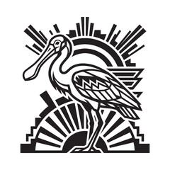 Obraz premium Art Deco Geometric Spoonbill Bird Illustration, Luxury Ornamental Vintage Style Graphic Design in Black and White