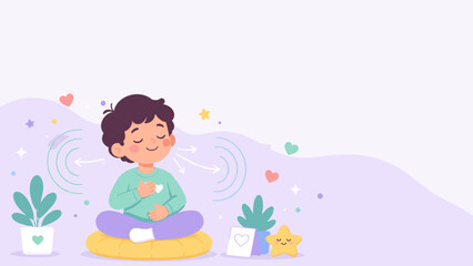 Child sits cross-legged, calm and serene. Soft rays of light surround their peaceful expression. Tiny hearts and stars float nearby, adding charm. Plants and a smiling star animate the gentle scene