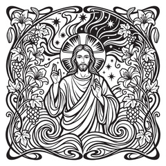 Fototapeta premium Art Nouveau Illustration of Jesus Christ with Botanical Floral Frame, Ornamental Whiplash Curves, and Lilies in Black and White Line Art