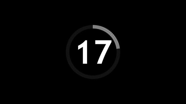 22 seconds circle countdown timer animation from 22 to 0 seconds on transparent background with alpha channel, countdown video