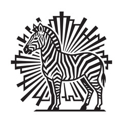 Obraz premium Art Deco Zebra Illustration with Geometric Sunburst Background, Luxury Vintage Ornamental Vector Graphic