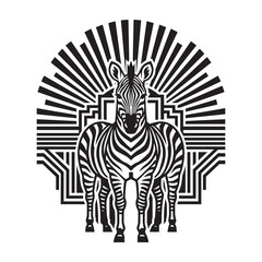 Obraz premium Art Deco Zebra Graphic Illustration with Geometric Sunburst Background, Luxury Ornamental Vintage Style Animal Art for Logo and Posters