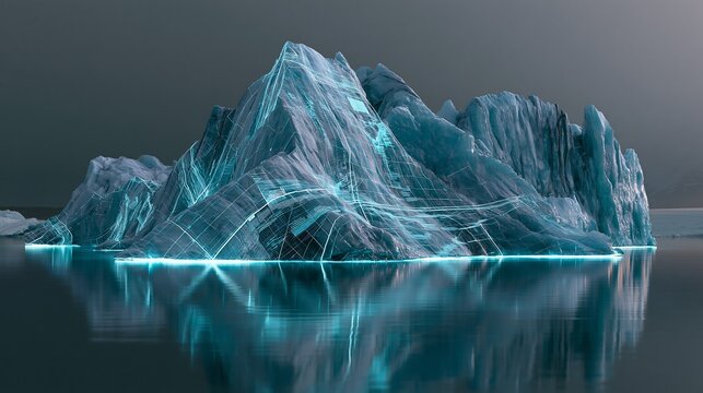Futuristic iceberg with digital data lines and network glowing on dark water