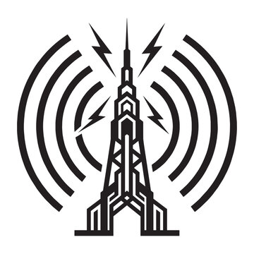 Artdeco Radio Tower with Geometric Signal Waves, Luxury Ornamental Vintage Style for Communication and Broadcast Technology