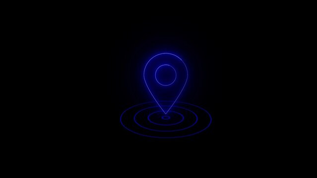 Glowing blue neon map pin location marker with radar waves.