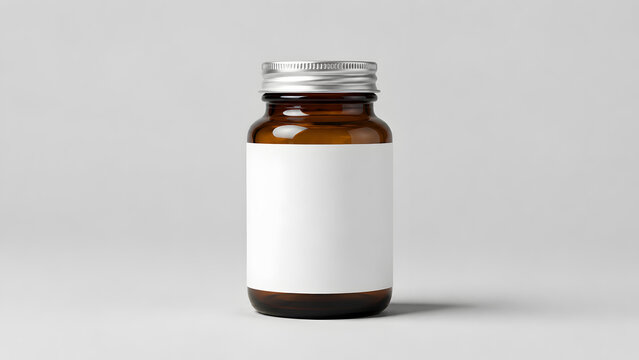 Amber glass supplement bottle with silver cap and blank label for branding mockup