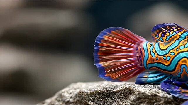 A close-up view of a vibrant mandarinfish displaying its iridescent blue and orange patterns as it hovers near a textured rock.