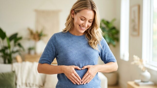 happy pregnant woman making heart shape with hands on belly