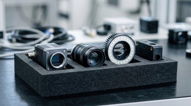 Industrial camera module, precision lens, LED illuminator, and anti-static sensor housing arranged for machine vision inspection.