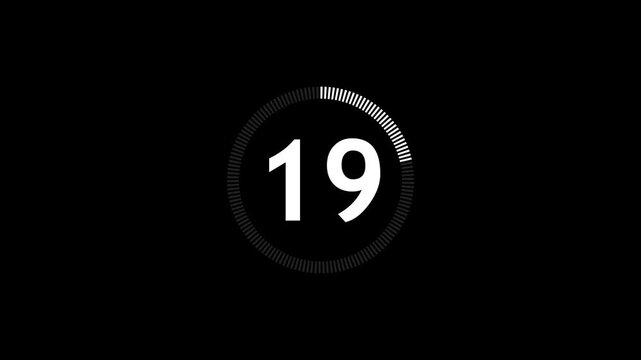 24 seconds circle countdown timer animation from 24 to 0 seconds on transparent background with alpha channel, countdown video