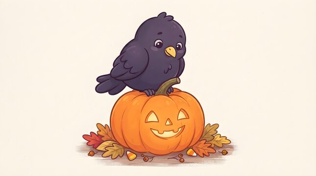 Raven on pumpkin illustration