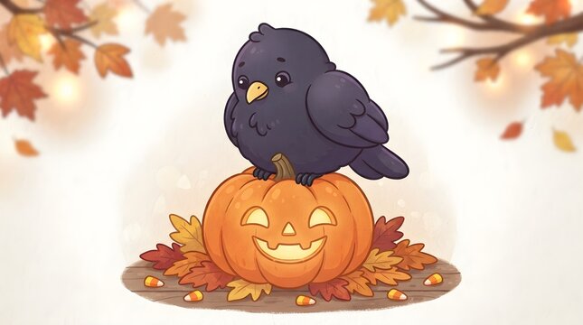 Raven on pumpkin illustration