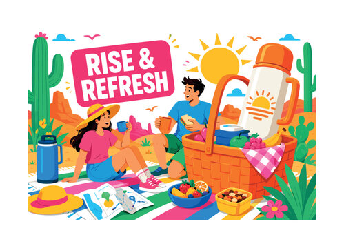 Desert Sunrise Picnic banner showing two expressive road-trippers enjoying an early heat-safe picnic stop, with an oversized picnic basket and oversized sunrise thermos, plus sun hat, folded map,