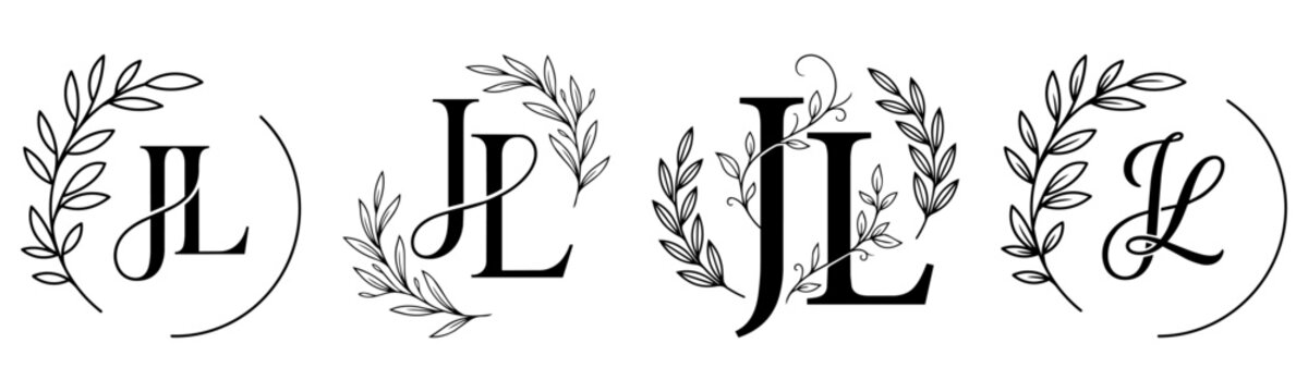 JL Letter Monogram Logo Set Botanical Floral Branch Serif Initial Vector Illustration