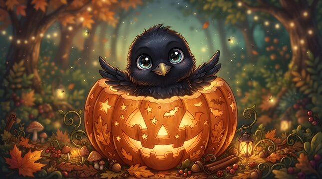 Raven peeking from pumpkin