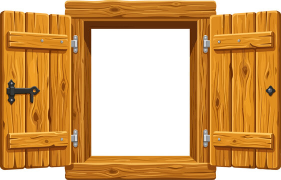Wooden window frame with open shutters isolated on white background