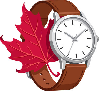 Wristwatch with a red maple leaf, autumn concept