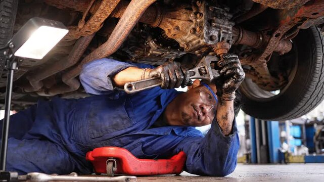 Mechanic working under a car, repairing the transmission with a wrench