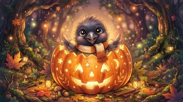 Raven peeking from pumpkin