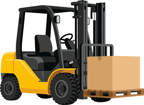 Yellow forklift truck lifting wooden pallet with cardboard box cargo vector illustration