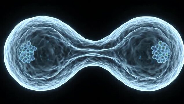 A single healthy stem cell undergoing controlled self-renewal, cell membrane slowly changing shape as duplicated genetic material separates internally