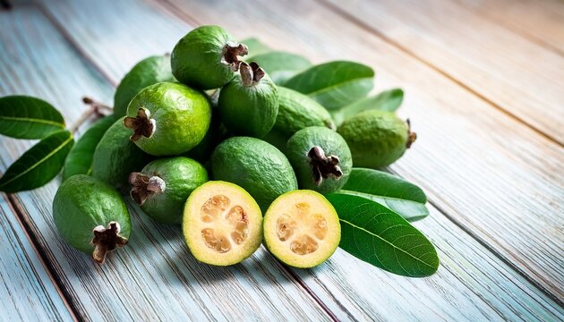 Green Feijoa Fruit Cut Feijoa Leaf Acca Sellowiana Pile On White Wooden Background Tropical Feijoa Or Pineapple Guava Fruit Exotic Green Fruit Raw Acca Sellowiana Plant Guavasteen Green Fruit