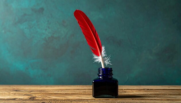 Red feather quill in dark blue ink bottle