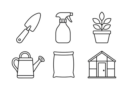 Garden Website Essentials, line icon set, 6 clean outline icons featuring hand trowel, spray bottle, potted plant, watering can, garden soil bag and greenhouse, arranged in a balanced 3x2 grid for